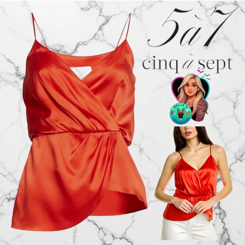 Cinq a Sept Women's XS Mirin V-neck camisole Top Red Silk Asymmetrical Tank